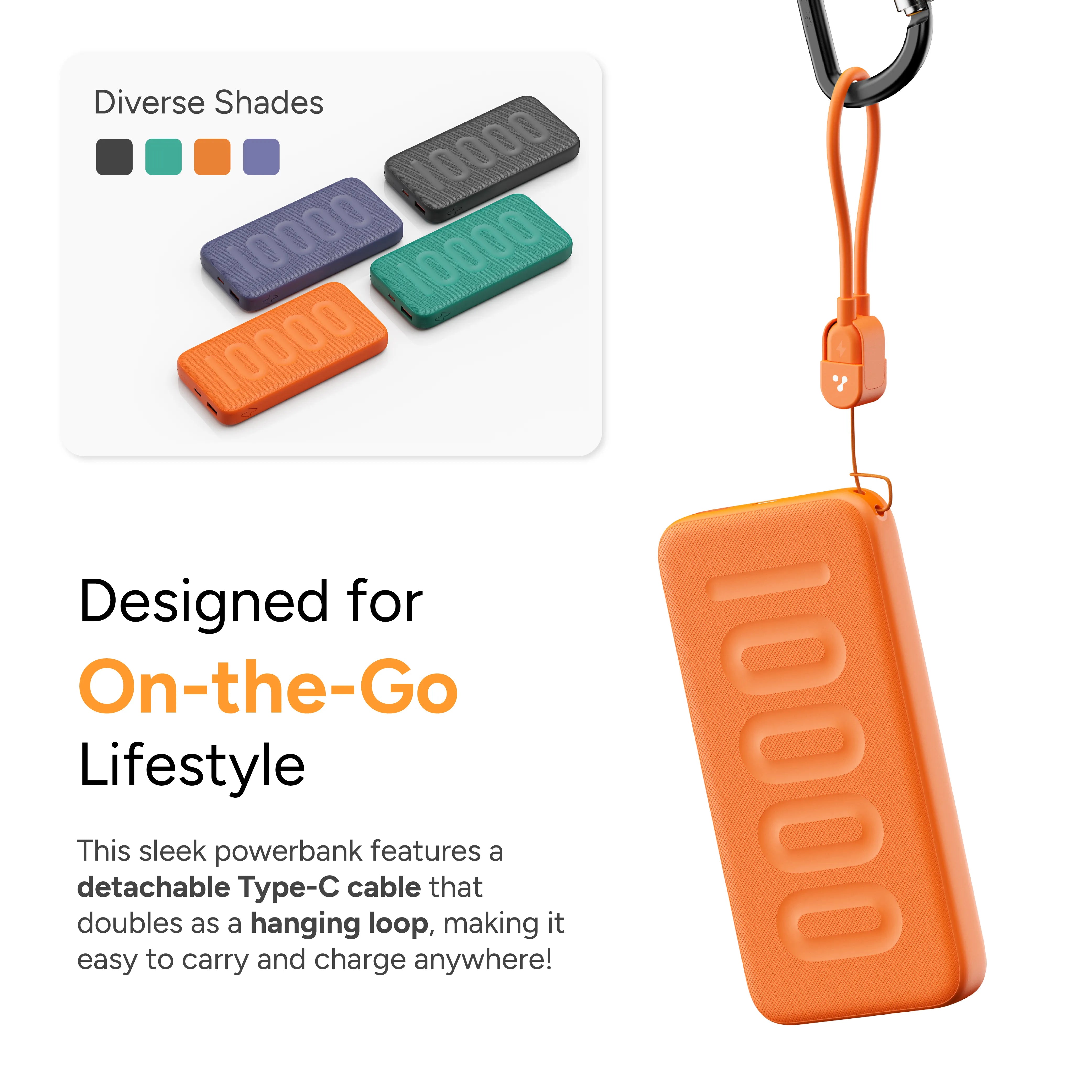 10000mAh Fast Charging Power Bank with in-Built Cable - Ambrane India